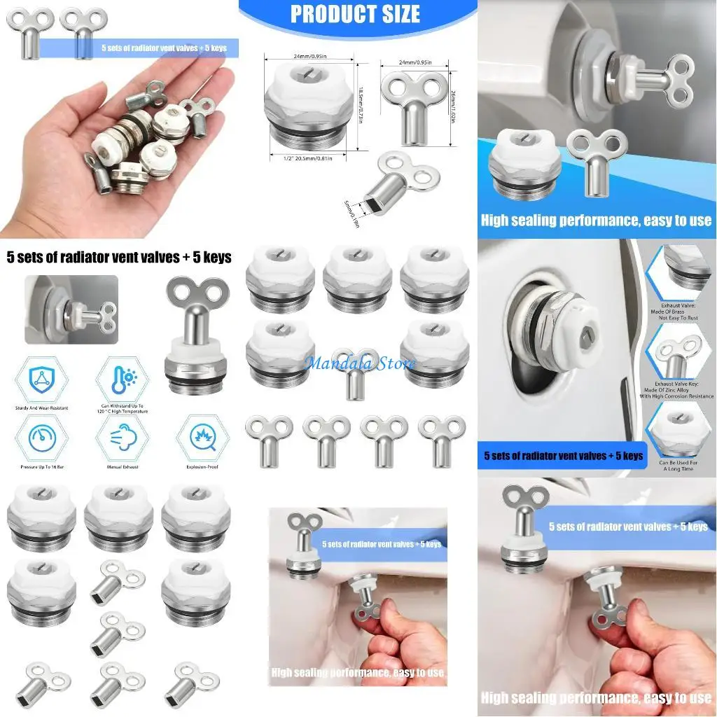 

U2JC 5Pcs Manual Radiator Air Vent Plugs Valves 1/2Inch Metal Heating Bleed Valves Replacement for Radiator Heater Enduring