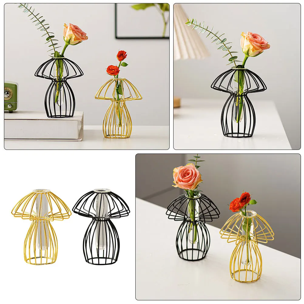 

2Pcs Iron Art Hollow Flower Vase Simple Style Hydroponic Glass Planter Tabletop Decorative Home Decor Iron Art Vase