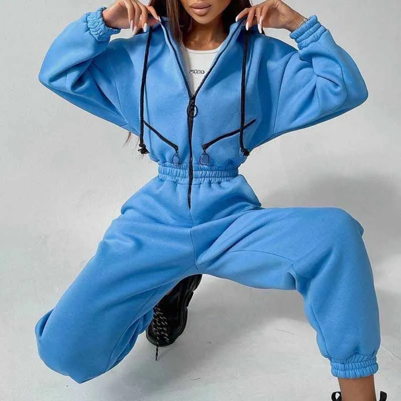 Casual Women Basic Hoodies Jumpsuits Zipper Drawstring Cardigan Outerwear And Elastic Pencil Pants Suit Autumn Winter Tracksuit