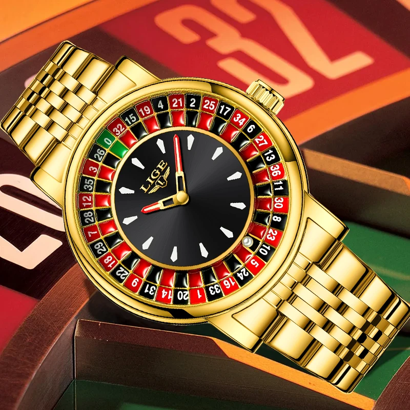 LIGE New Fashion Quartz Watches for Men Stainless Band Gambling Series Rotating Dial Roulette Luminous Waterproof Man Watch Gift
