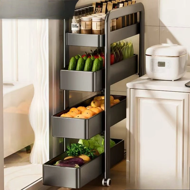 Kitchen fruit and vegetable storage basket behind the pull-out cabinet door