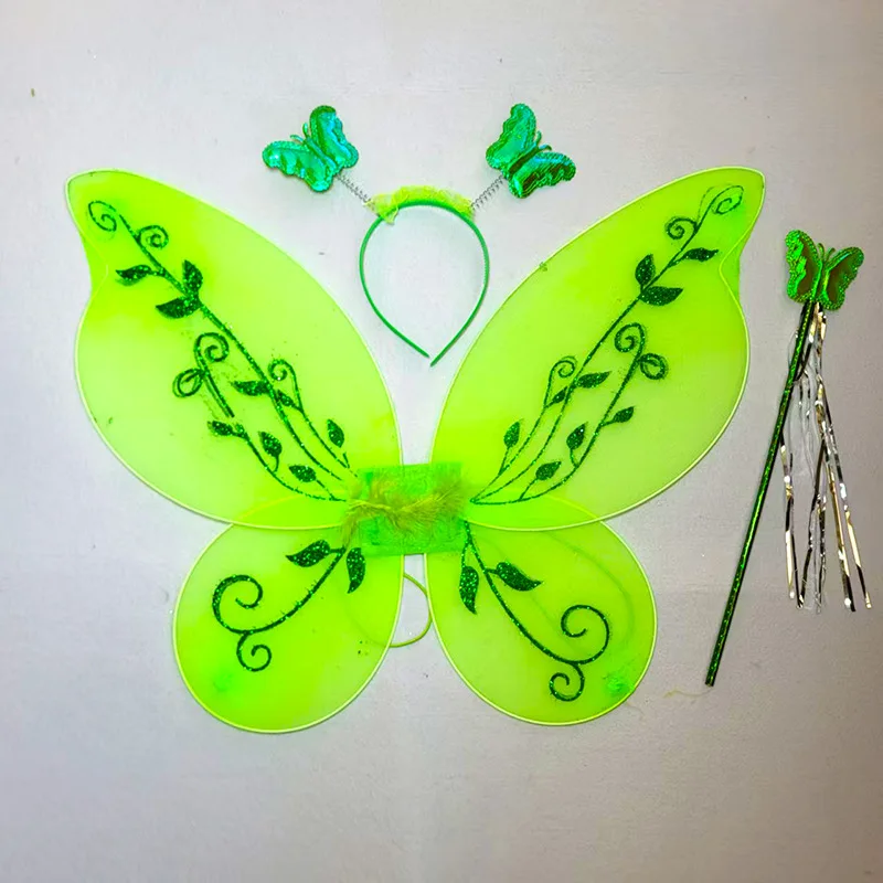 Girls Green Fairy Cosplay Props Kids Butterfly Wings Headband Fairystick Party Tinkerbell Cosplay Dress Up Sets