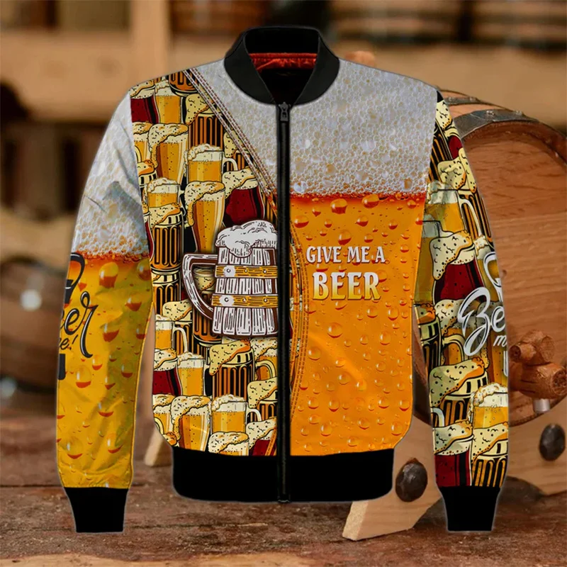 Spring Autumn Mens Bomber Jackets Beer 3D All Over Printed Zip Tracksuits Unisex Casual Long Sleeve Zipper Jacket Clothing Coat