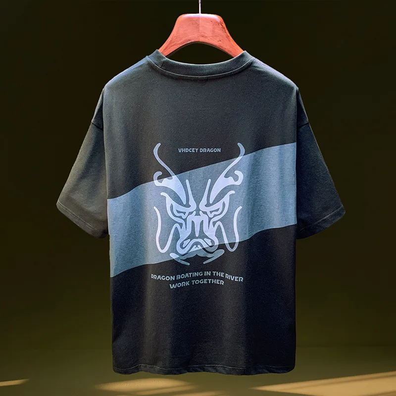 

Summer color blocked printed short sleeved T-shirt for men, thin and niche design, loose and casual trendy men's clothing