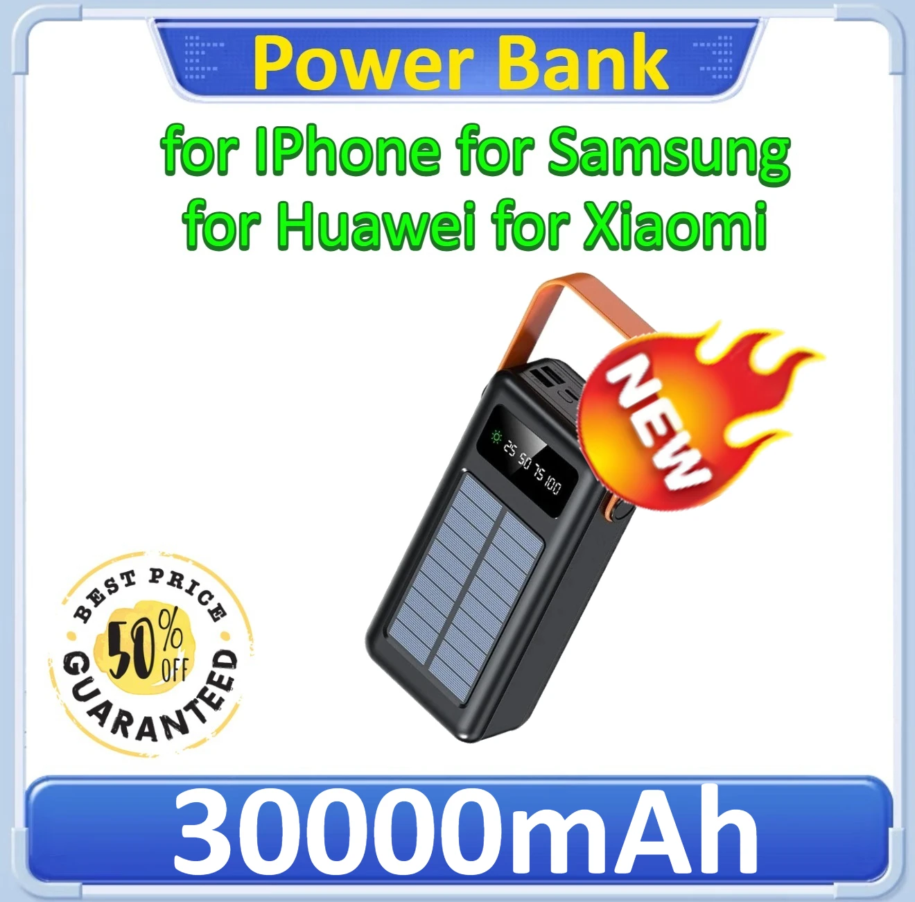 

Solar Panel Power Bank Fast Charging External Battery Pack with LED Light for XIAOMI/iPhone/Samsung 30000mAh