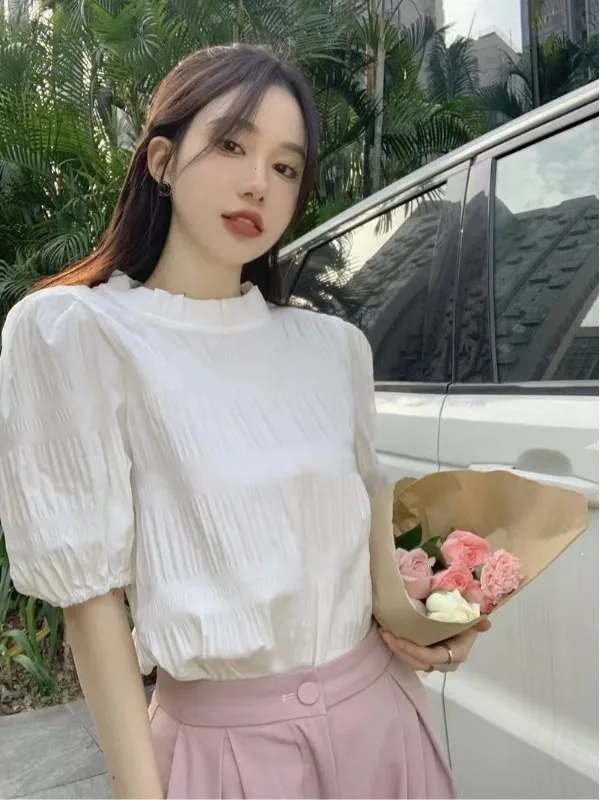 

Summer Women's Sweet Style Bubble Sleeve Chiffon Shirt Short Sleeve Wooden Ear Ladies Top Fashion New 2026 White