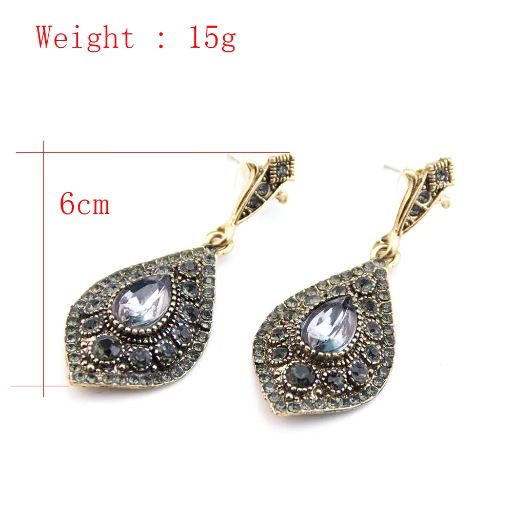 Sunspicems Vintage Turkish Bohemia Women Earring Gray Crystal Antique Gold Color Rhombus Pendant Indian Drop Earring Jewelry