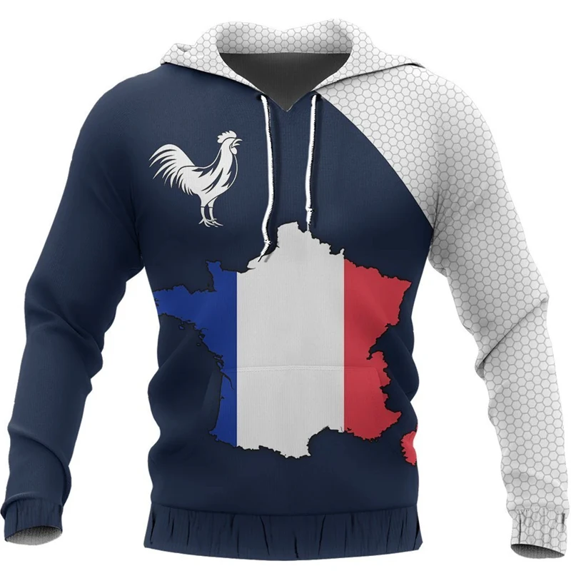 2025 Fashion France Flag Print Hoodie Street Outdoor Casual Men's Clothing Hooded Coat Print Eiffel Tower Cock Pattern Hoodies