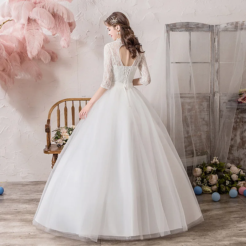 Elegant Princess Floor-length Plus Size Women Bride Ball Gowns Stand-up Collar Wedding Party Dress Evening Dresses for Women