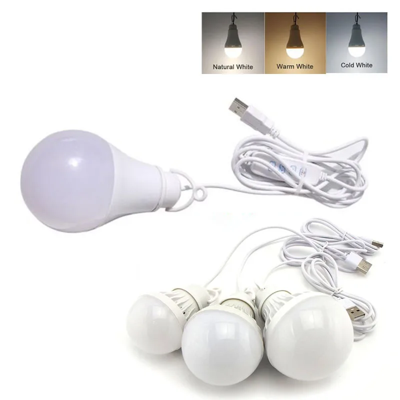 5V 3W 10W USB power Dimming LED Ball Bulb Lights book Reading Night Lamps wall hanging hook white warm switch for Camping