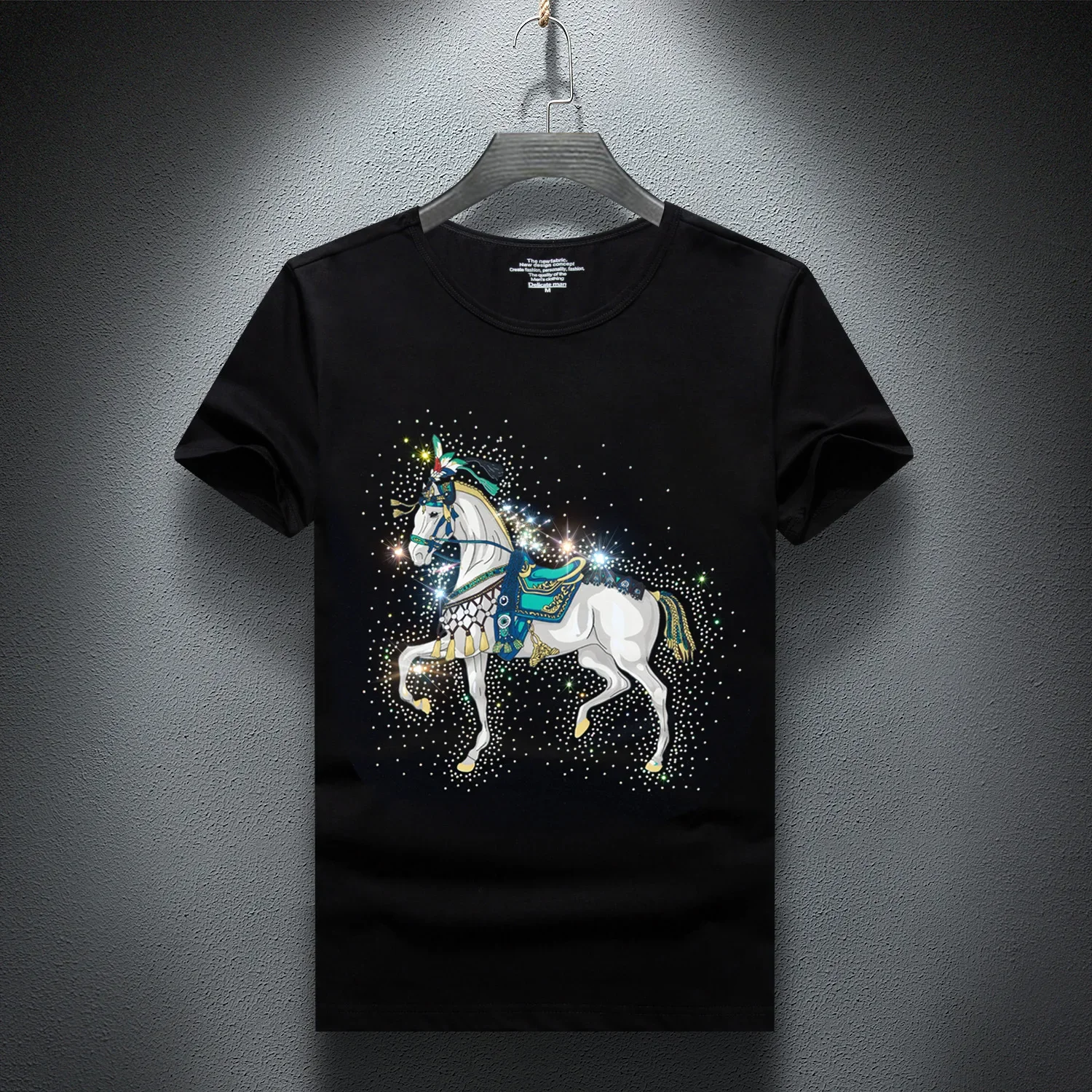 

Cartoon Horse Printed T Shirts for Men Summer Clothes Fashion Rhinestones O Neck Short Sleeve Thin Cool Elastic Cotton Tops Tee