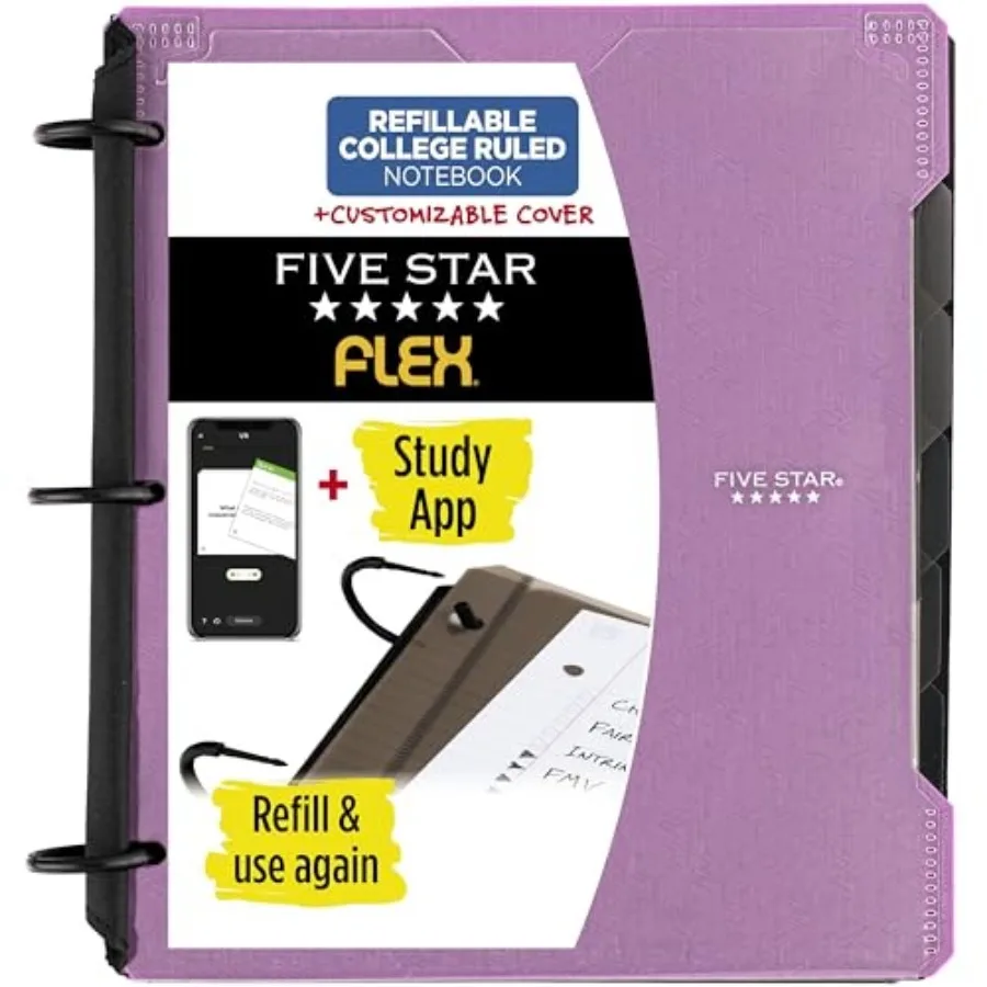 

Flex Refillable Notebook + Study App, College Ruled Paper and 1 Inch TechLock Ring Binder with Customizable Cover, Pockets, Tab