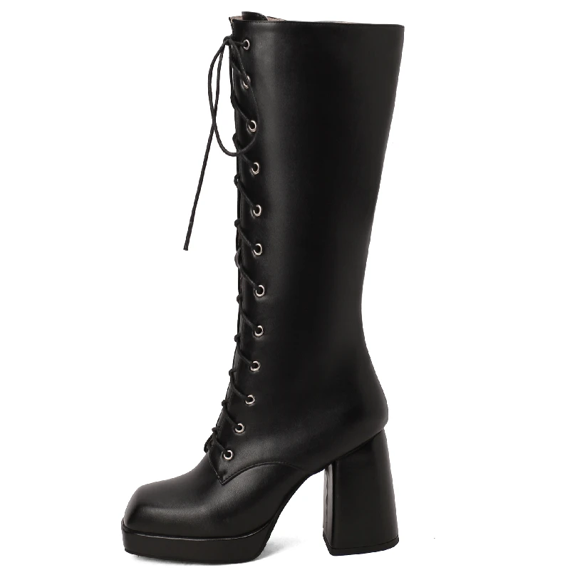 Lace Up Knee High Boots Platform Autumn Winter Shoes Women\'s High Boot Elegant Black White Red Long Shoes Ladies Large Size 48