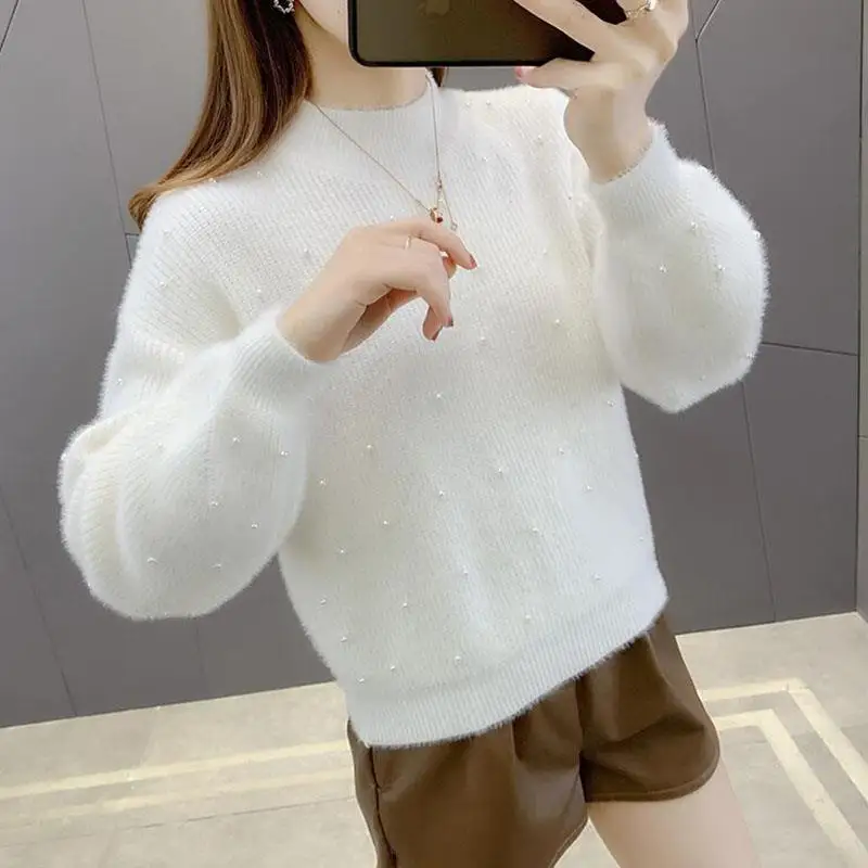 Autumn Winter Women\'s Solid Pullover Screw Thread Turtleneck Lantern Long Sleeve Flocking Sweater Knitted Undershirt Casual Tops