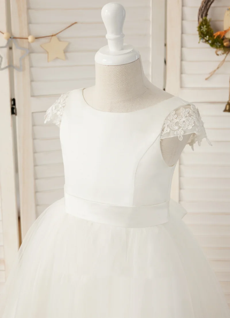 Vestido de tule sem costas para meninas, vestidos de festa fofos, branco, flor marfim, apliques de renda, primeira comunhão