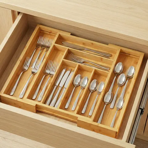 Bamboo Expandable Silverware Drawer Organizer, Adjustable Kitchen Utensil Tray for Forks, Spoons and Knives, Wood Storage Cutlery Holder for Bedroom and Living Room