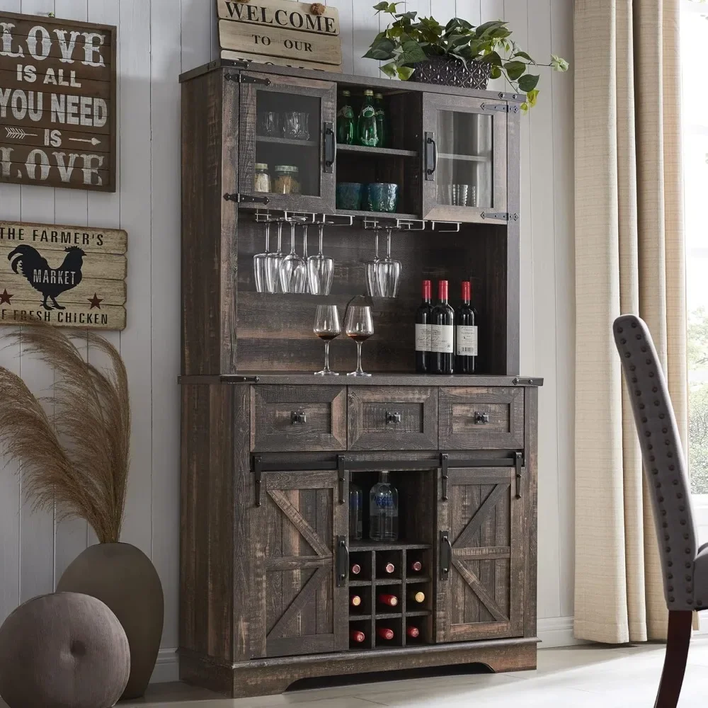 

72" Wine Cabinet with Sliding Barn Door, Hutch, Wine & Glasses Rack, 3 Drawers, 12 Storage Shelves, Rustic Bar Cabinet