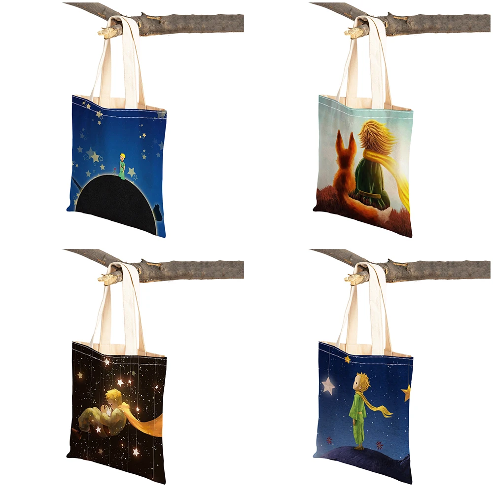 Cute Cartoon Girl Double Print Reusable Canvas Shopper Bag Fairy Tale Lady Handbag Tote Casual Lovely Prince Child Shopping Bags