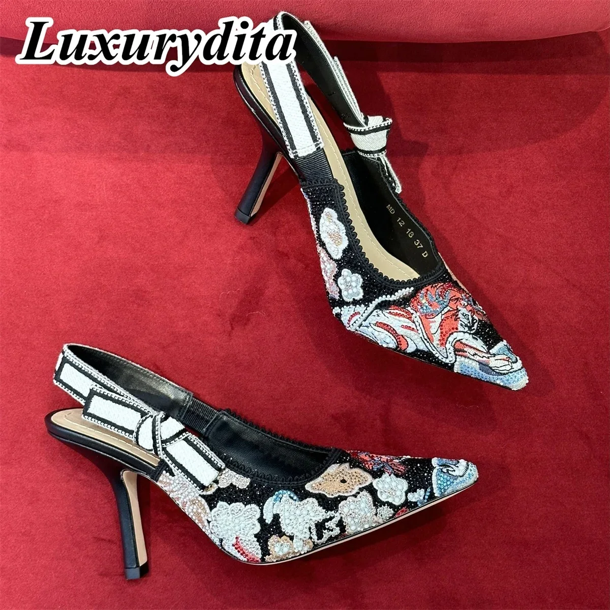 

Top Quality Luxury Womens Sandal Casual Lace Flat Fashion Embroidered Muller Shoes Designer Silk Leather Soled High Heel