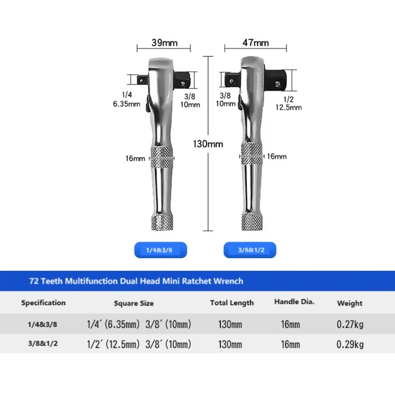 Dual Head Multi function 72 Teeth Mini Ratchet Wrench 1/4 3/8 1/2 Inch Home DIY Repair Tools Small Spanner