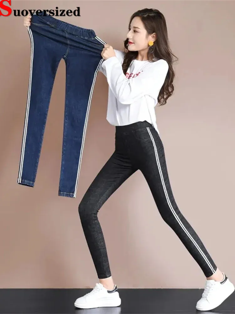 

Side Striped Skinny Stretch Pencil Jeans Pants Women Elastic High Waist Vaqueros Vintage Oversize 5xl Ankle Length Denim Spodnie