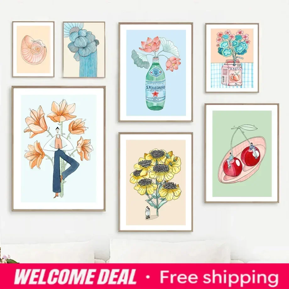 Wall Art Canvas Painting Nordic Cherry Fig Lotus Juice Drink Funny Pastels Poster And Prints Wall Pictures For Living Room De