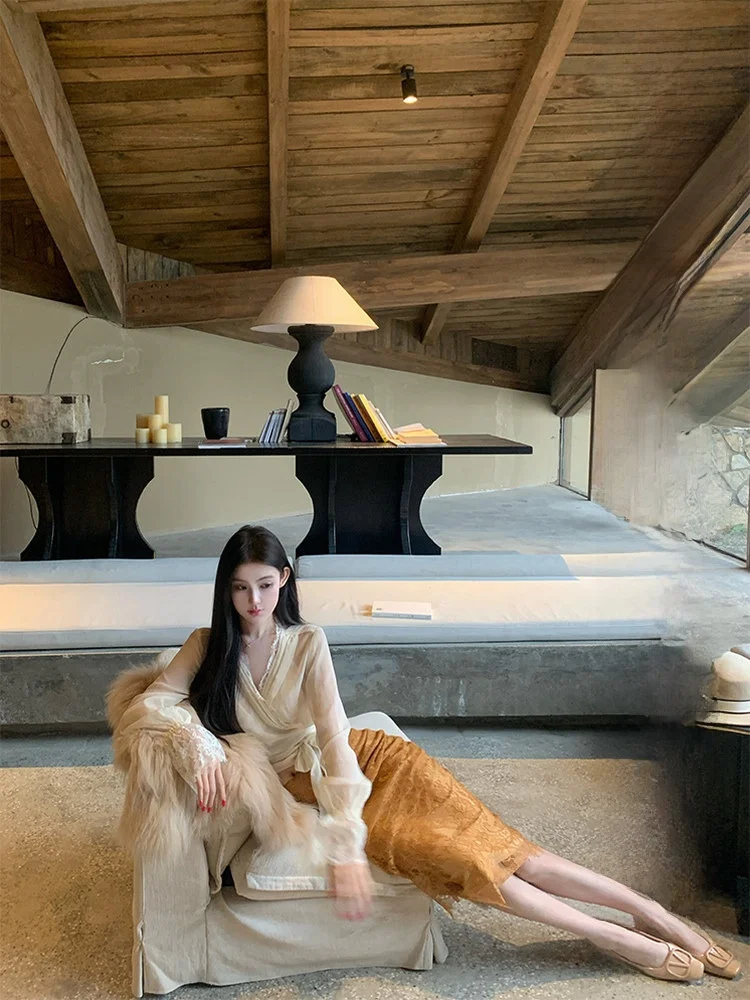 

Комплект из топа и юбки с высокой талией Ele Lace ter Ne, женская модная осенняя коллекция, сексуальный шифоновый костюм из двух предметов