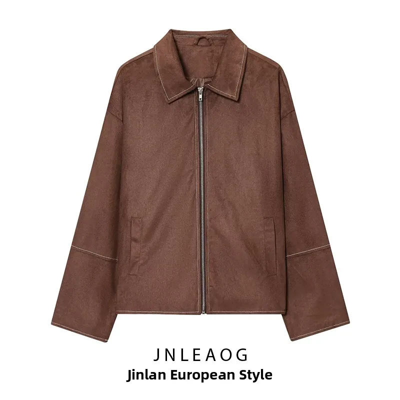 Elegancki, ciemnobrązowy płaszcz damski z zamszu jelenia, nowy model na jesień, uniwersalny krój, materiał poliestrowy, efekt wyszczuplający, długi rękaw.