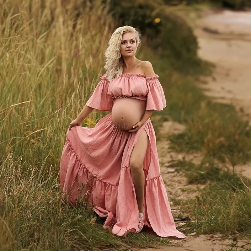 Ropa de maternidad Bohemia para mujer, vestido Retro de manga corta, lino y algodón, cómodo para sesiones fotográficas de maternidad