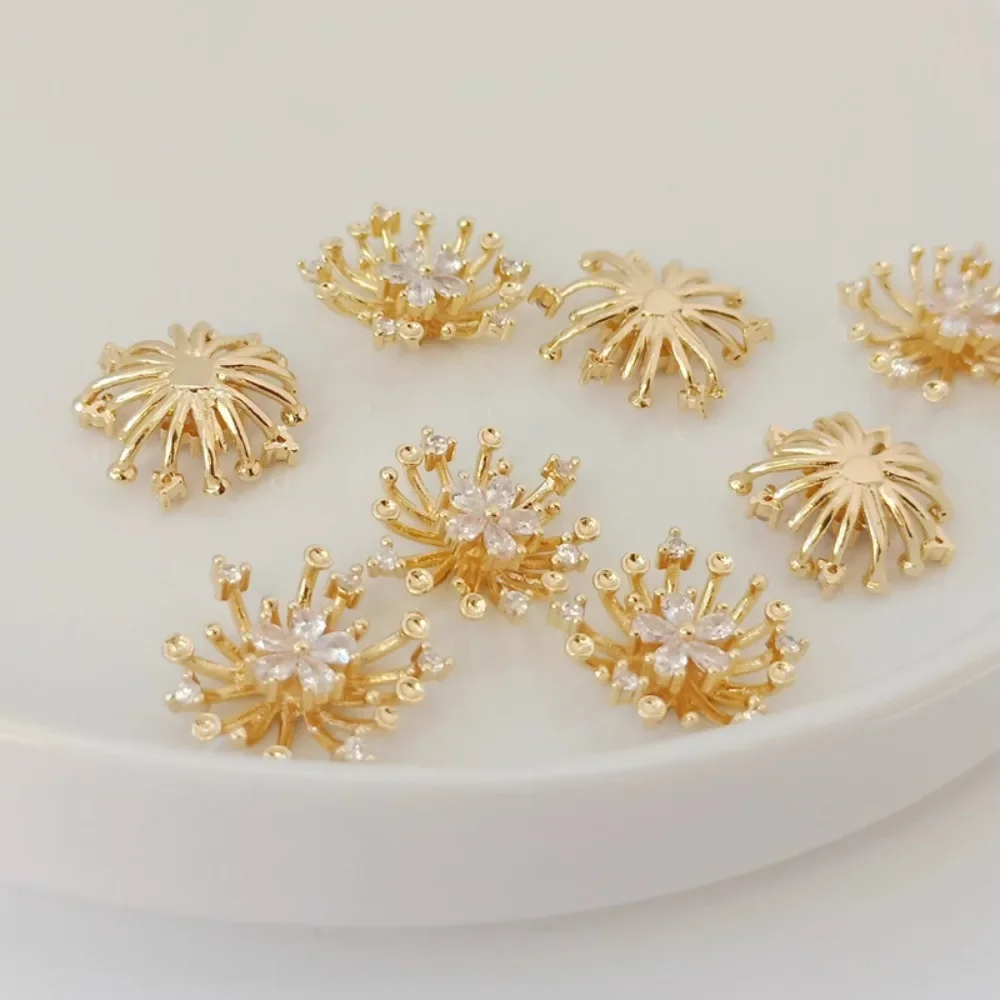 14K Copper Gold-plated with Five-leaf Zirconia Setting, 15mm Flower Stamens DIY Necklace Pendant Earrings