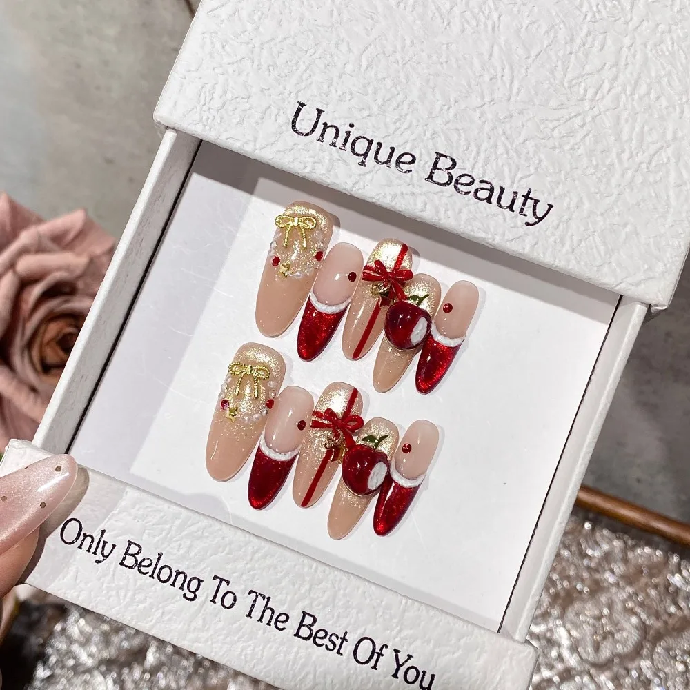 10 pezzi autunno inverno regali di Natale stampa fatta a mano sulle unghie fiocco dorato 3D mela rossa occhio di gatto unghie finte rimovibili riutilizzabili