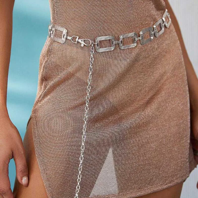 

Fashion Geometric Punk Chain Waistband Bohemian Silver Decorative Hollowed Out Belt Women's Belt for Jacket Sweater Dress