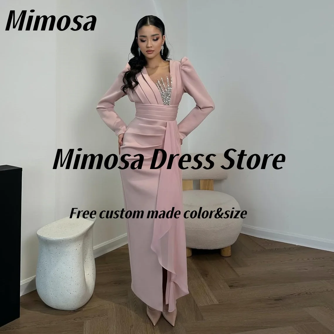 

Mimosa 2025 Пром платья с бисером и прозрачным V-образным вырезом Вечернее платье с длинными рукавами и рюшами по бокам Вечерние платья в Саудовской Аравии по индивидуальному заказу