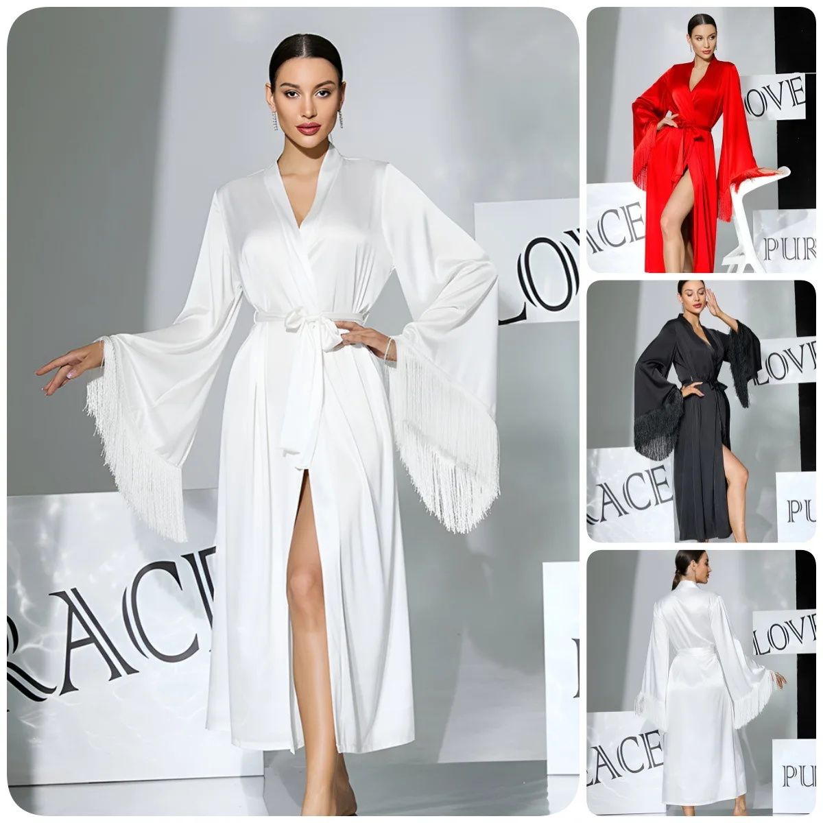 

Sexy Solid Color Satin Tassel Cuff Womens Robe Kimono Bathrobe Negligee Homewear Summer Loungewear