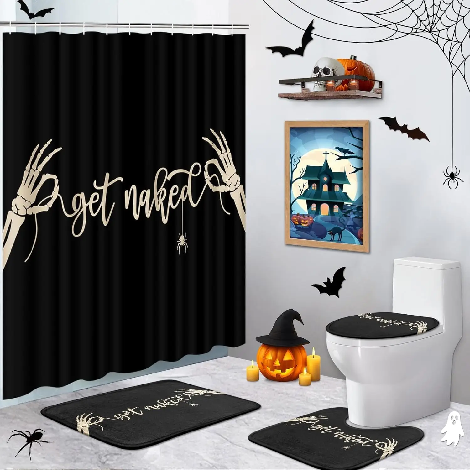 

Skeleton Dead Spooky Bathroom Set with Shower Curtain and Rug and Accessories,Halloween Black Shower Set for Bathroom Decor 4Pcs