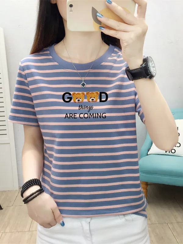

Summer Stripe Short Sleeve T-Shirt Women's Loose plus Size Age-Defying Beautiful Fashionable Mom Shoulder Top Cotton Blend
