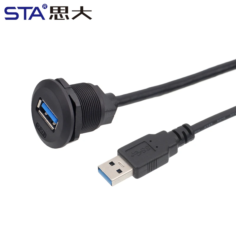 USB3.0 Panel Board Front Installation Female Socket with Male Straight Plug PVC Threaded USB3.0 Connectors USB-A With Cap