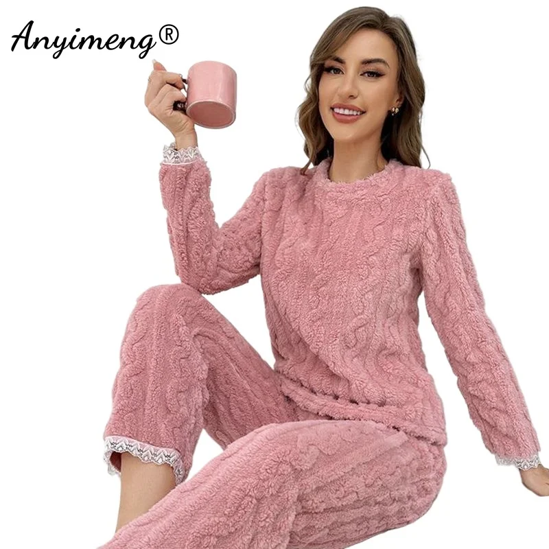 

Lady Pink Sleepwear Elegant Jacquard Flannel Lace Cuff Women Winter Thermal Pajamas Fluffy Homesuit Long Sleeves Velvet Pijama