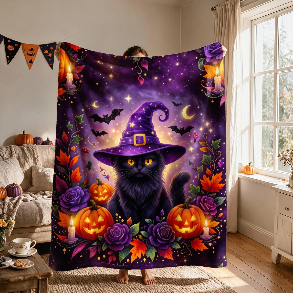 Coperta in flanella e velluto con stampa piatta 2D, 1 pezzo, a tema stelle, strega, gatto nero, rosa viola, zucca e pipistrello, è morbida, leggera e calda, adatta a tutte le stagioni - perfetta per