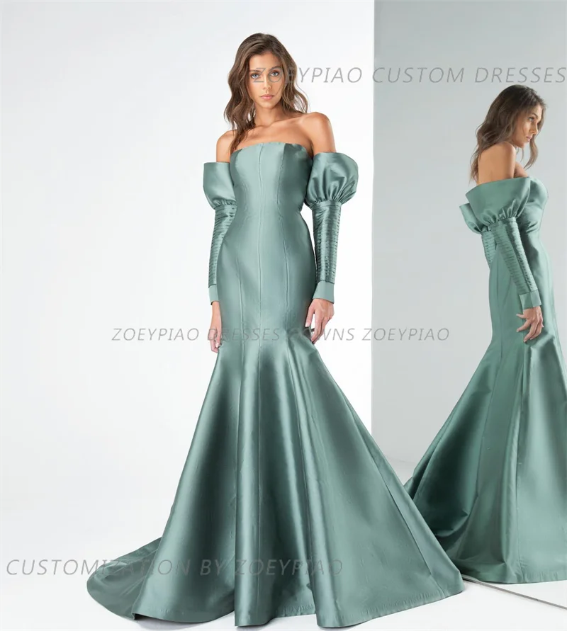 Green Long Sleeve Pleated Satin Formal Event Evening Dress Mermaid Strapless Custom Made Floor Length Prom Gowns Dresses