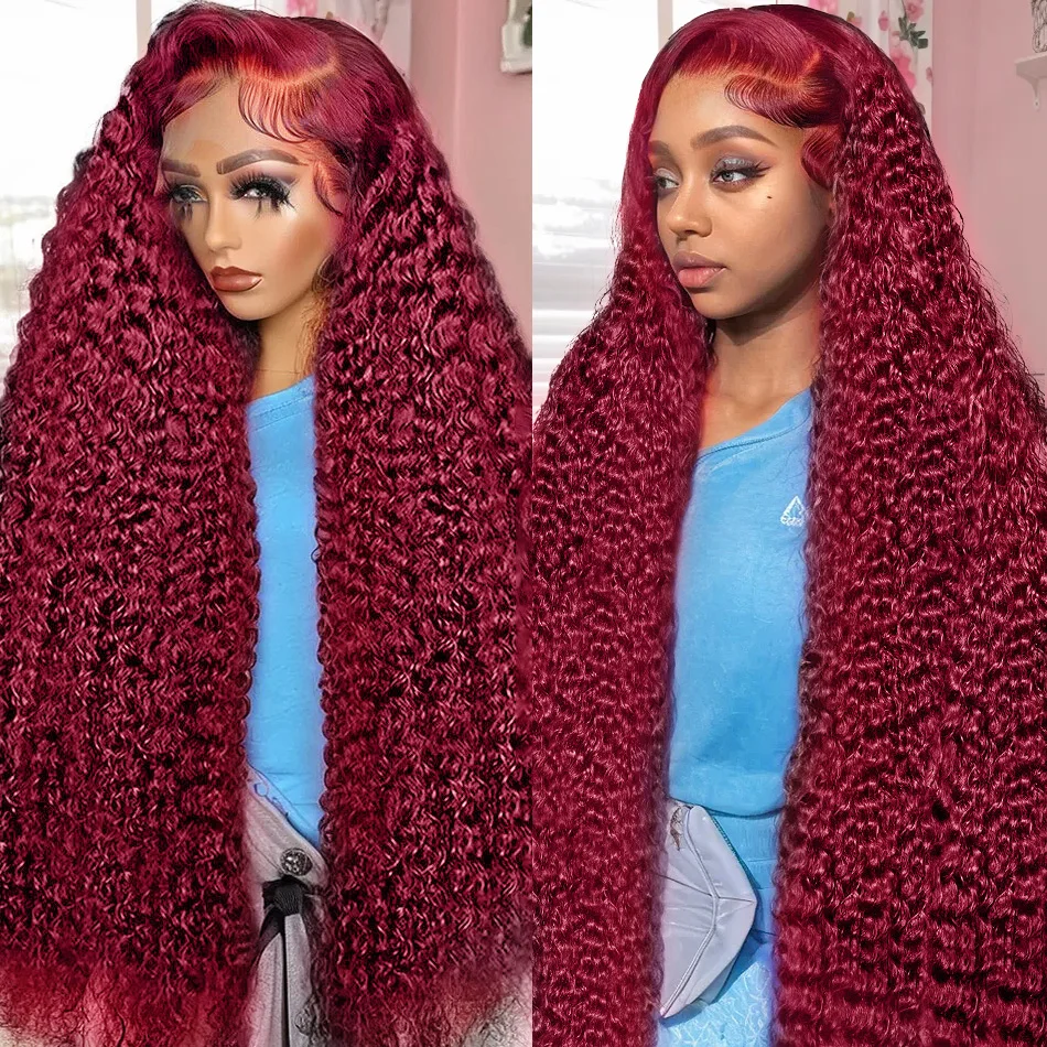 30 32 Inch Curly 99j burgundy 13x4 HD Lace Front Human Hair Brazilian Red Colored Deep Wave 13x6 Lace Frontal Wigs For Women