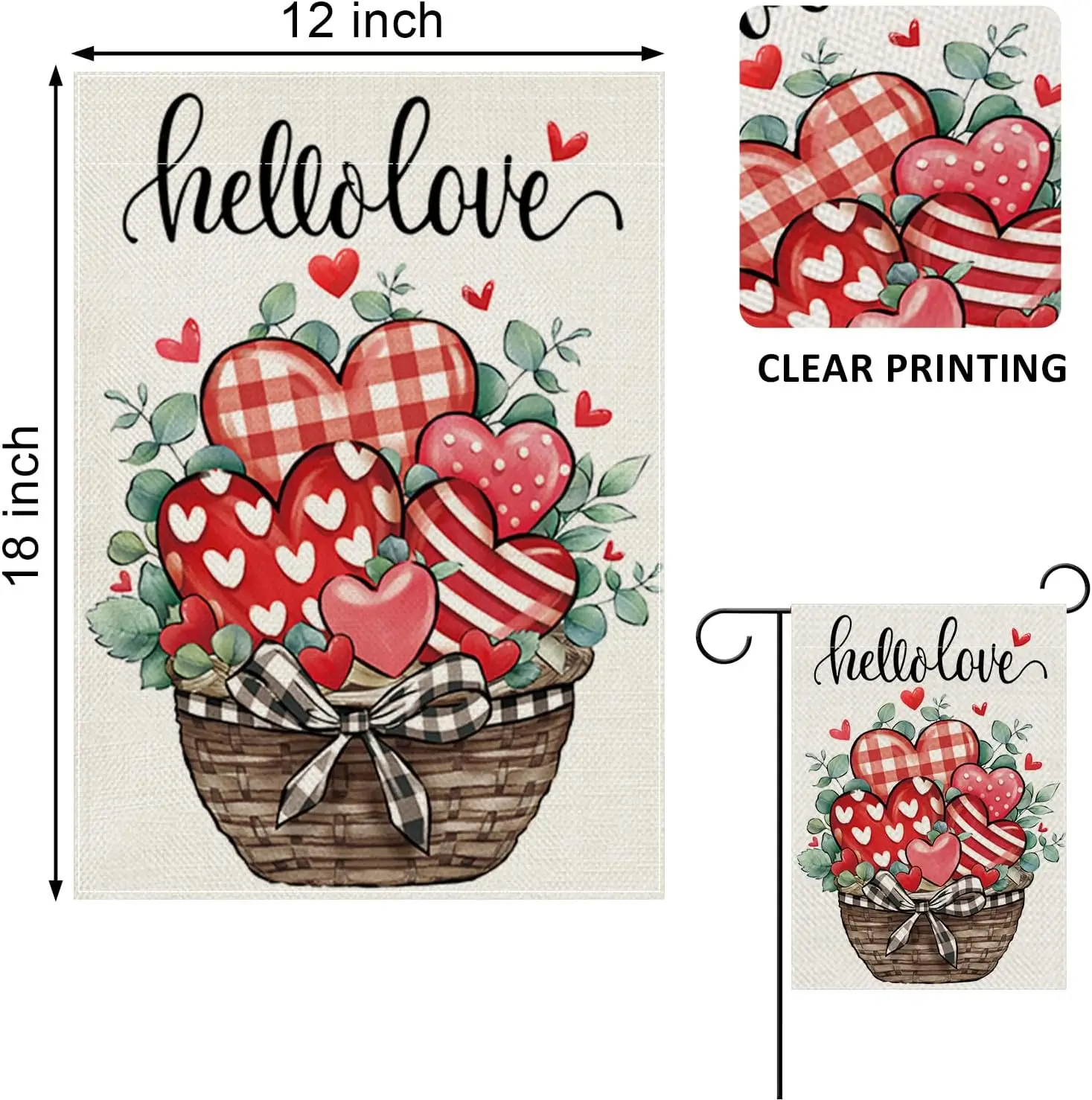 Hello Love Red Heart Decorative Garden Flag, Valentine's Day Leaves Plaid Stripes Basket Yard Outside Decorations, Anniversa