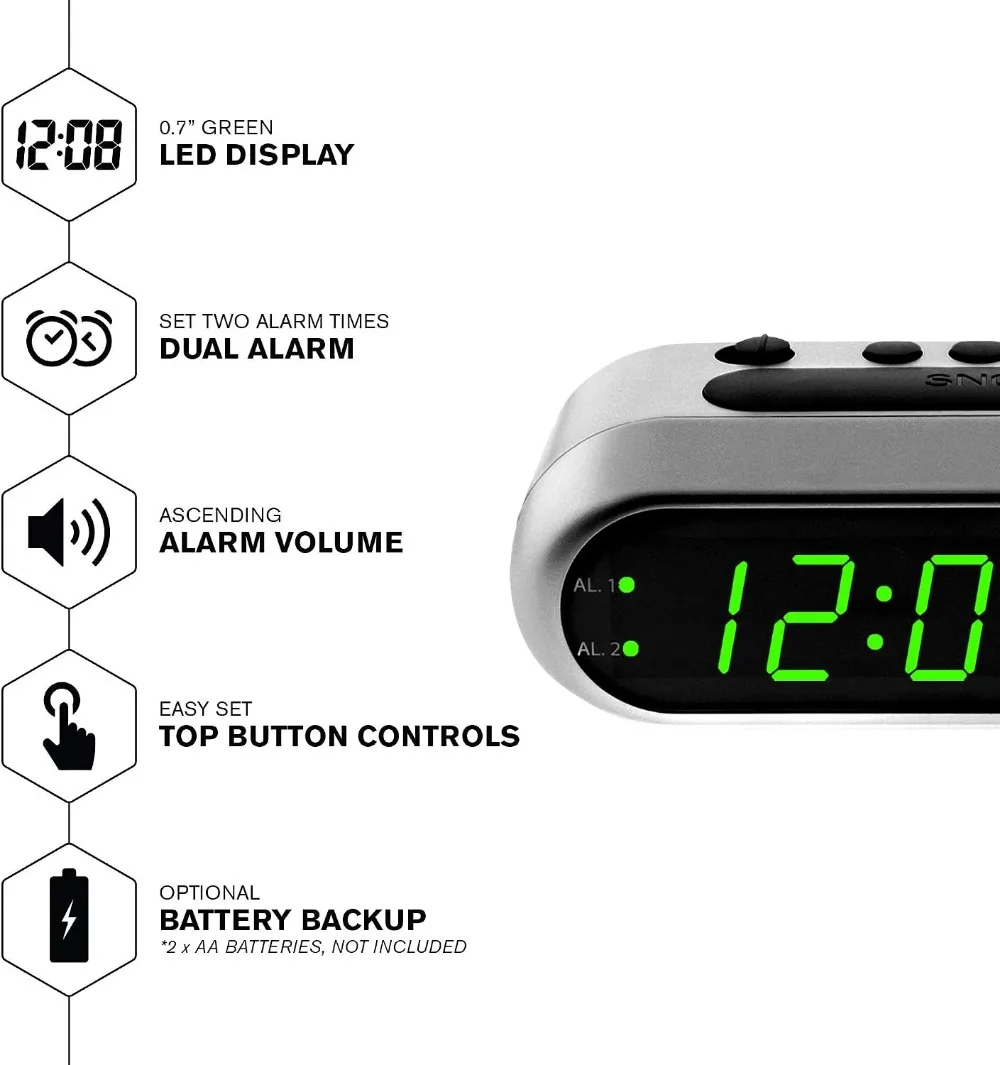 Gentle Wake-Up Digital Alarm Clock with Ascending Volume, Dual Alarm & Battery Backup - Brushed Silver