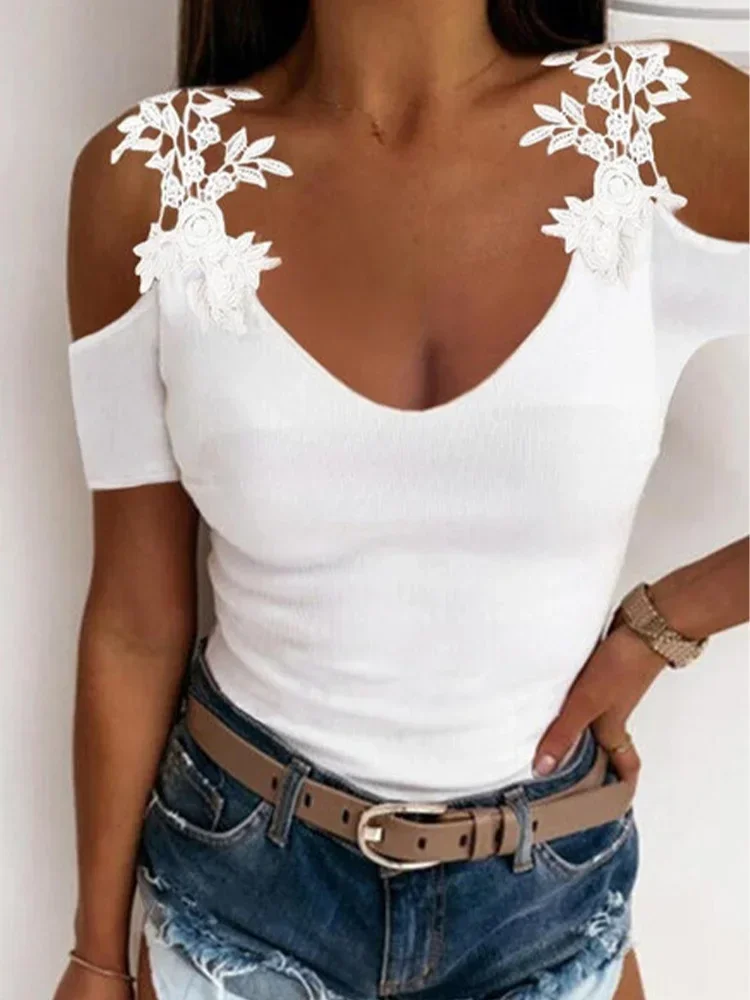 Modna koronkowa koszulka dla kobiet Sexy Tanks Tops Summer Casual Solid Color Grace Off Shoulder Short Sleeved Party Clothing Y2k Top — zdjęcie 2