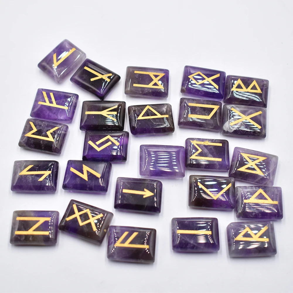 Wholesale 25pcs/lot Natural stone Amethyst Viking Runes Amulet Set Reiki Healing Crystals Divination Tumbled rectangle Stones