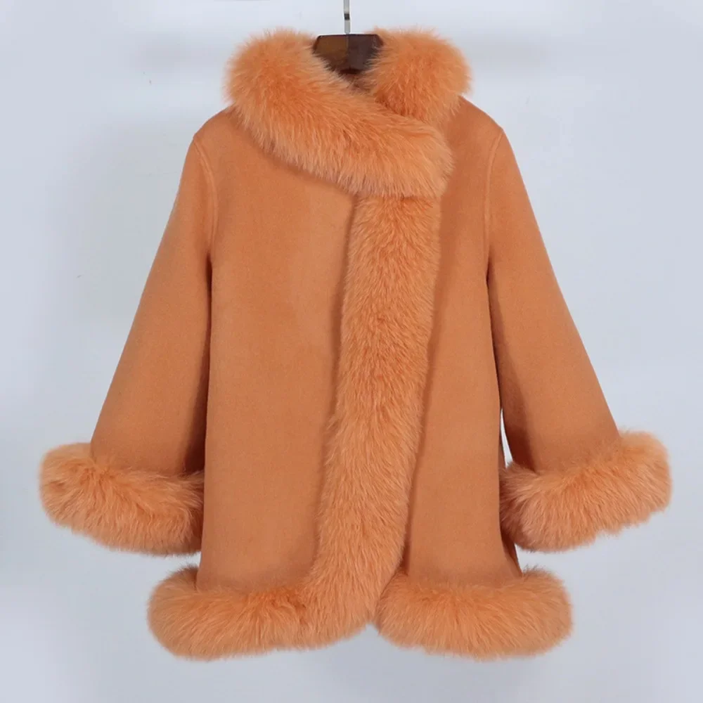 2025 Elegant Real Fur Coat Warm Oversized Real Fox Fur Collar Cuffs Elegant White Wool Coat Women Natural Fox Fur Jacket