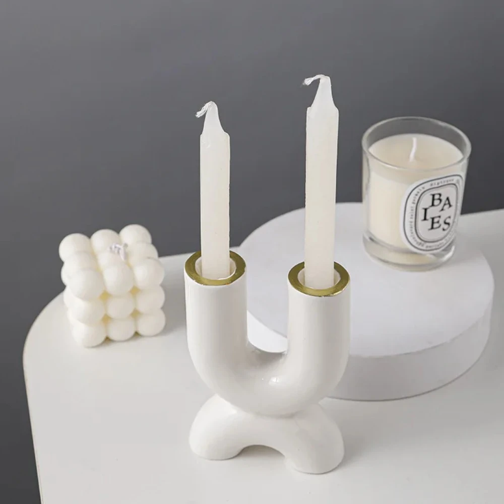 Minimally Designed Double Headed Ceramic Home Decor Hotel Dining Table Decoration Candle Stand Creative Handicrafts