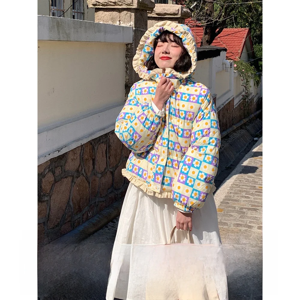 

Sweet Sle Hooded down Jaet Women's Coat Fairy T Design Winter Thiened Cotton Du Feather Warm Long Sve Zipper