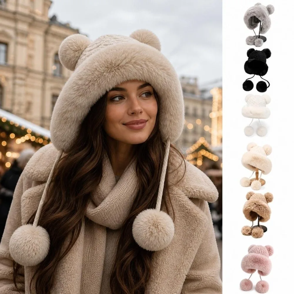 Fashion Lined Bear Ear Knit Hat Thermal Insulation Windproof Earflap Hat Fluffy 4 Pom Poms Winter Knit Cap Cold Weather