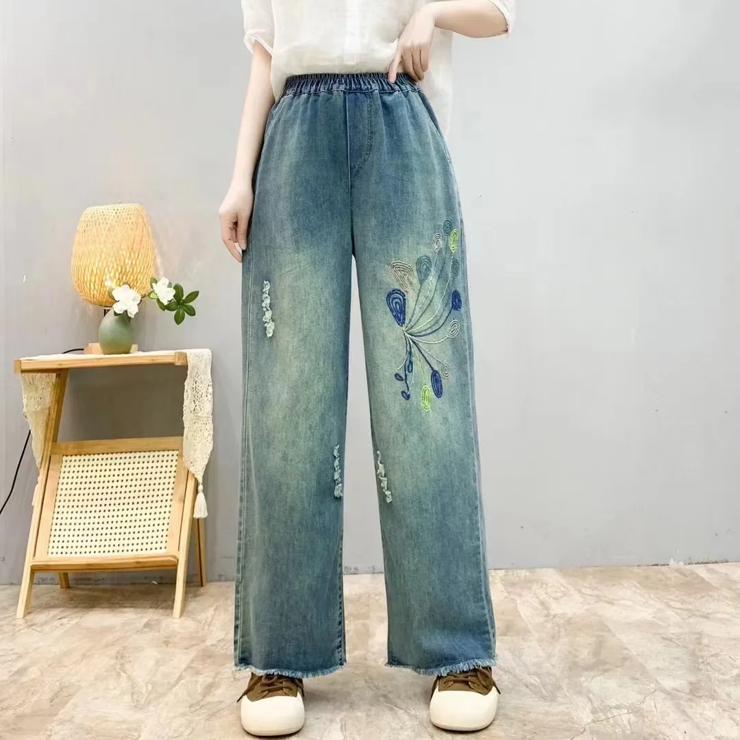 

Vintage Embroidery Jeans Spring New Casual High Elastic Waistline Women Denim Pants Loose Women Straight Trousers